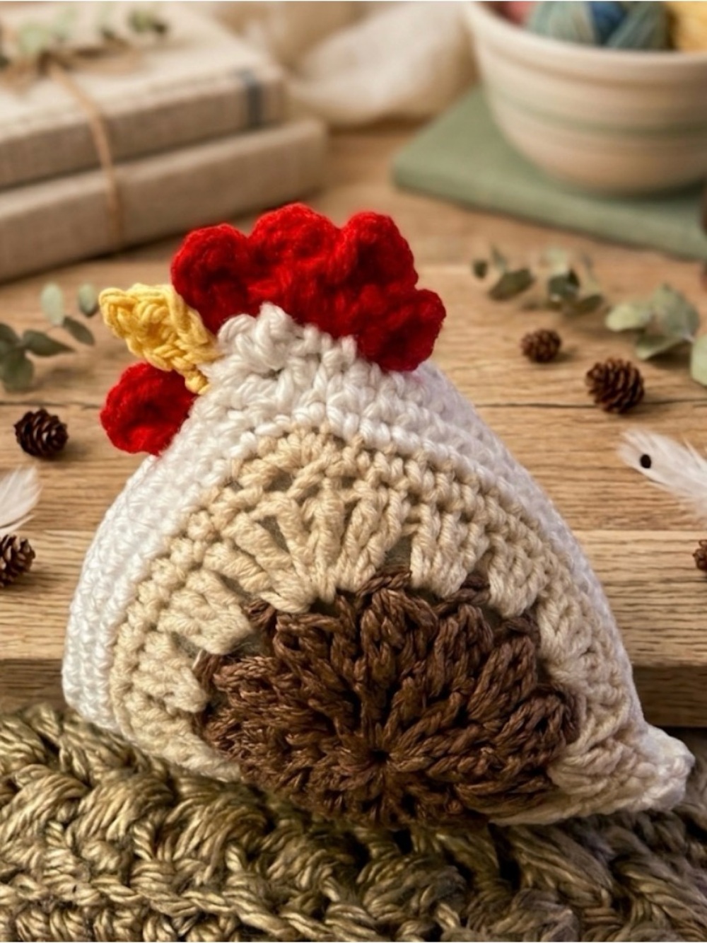 New! Handmade Crochet Chicken Plush - Cream, Brown, Red, Yellow